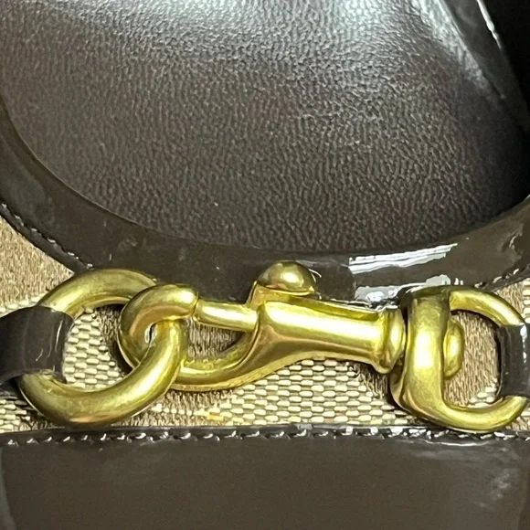 COACH Signature Monogram Brown and Tan Block Heel Pumps - Picture 3 of 6